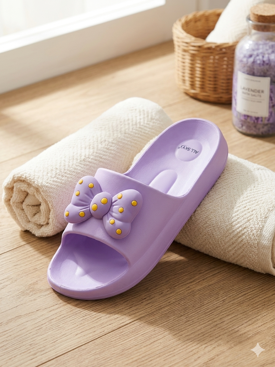 Voguish Women's Purple Bow Premium Sliders – Lightweight EVA Comfort Flip-Flops for Daily Wear