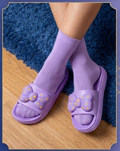 Voguish Women's Purple Bow Premium Sliders – Lightweight EVA Comfort Flip-Flops for Daily Wear